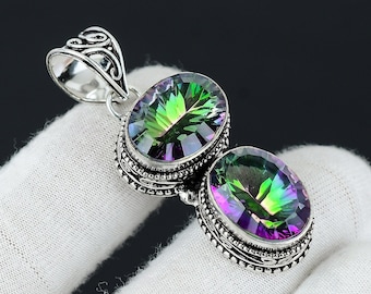 Mystic Rainbow Topaz Pendant, 925 Sterling Silver Pendant, Double Gemstone Rainbow Mystic Topaz Necklace Antique Jewelry Pendant For Gifts