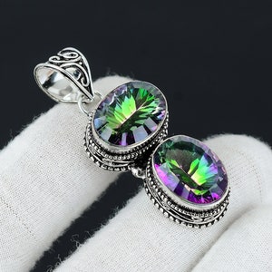 Mystic Rainbow Topaz Pendant, 925 Sterling Silver Pendant, Double Gemstone Rainbow Mystic Topaz Necklace Antique Jewelry Pendant For Gifts