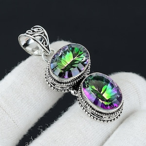 Mystic Rainbow Topaz Pendant, 925 Sterling Silver Pendant, Double Gemstone Rainbow Mystic Topaz Collar Colgante de joyería antigua para regalos