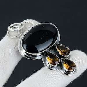 Black Onyx, Honey Topaz Gemstone Silver Pendant, 925 Sterling Silver Jewelry Pendant, Natural Black Onyx Pendant For Women Pendant For Her