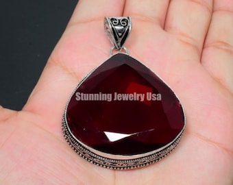 Red Garnet Gemstone Pendant Red Garnet Handmade 925 Sterling Silver Jewelry Pendant Red Garnet Antique Silver Jewelry For Christmas Gifts