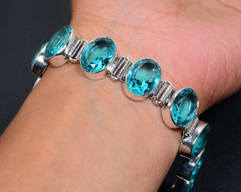 Blue Topaz Bracelet Blue Topaz Gemstone Handmade 925 Sterling Silver Bracelet Blue Topaz Bracelet For Gift Blue Topaz Bracelet For Her