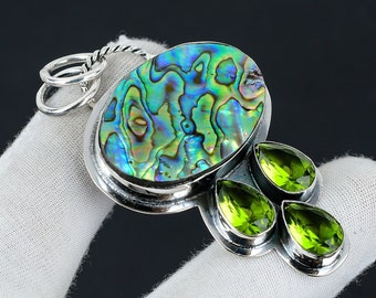 Abalone Shell, Peridot Gemstone Silver Pendant, Abalone Shell 925 Sterling Silver Jewelry Pendant, Natural Abalone Shell Pendant For Gifts