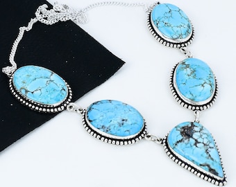 Turquoise Real Gemstone Handmade 925 Sterling Silver Necklace, Silver Gemstone Necklace, Turquoise Necklace For Women, For Gifts