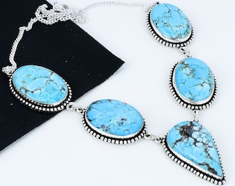 Tibetaanse Turquoise echte edelsteen handgemaakte 925 sterling zilveren ketting, zilveren edelsteen ketting, turquoise ketting voor vrouwen, voor geschenken