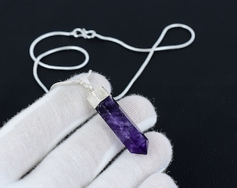 Venta al por mayor Bulk Point Chevron Amethyst Colgante 925 Colgante de plata con cadena, Colgante de piedras preciosas de la naturaleza, Cristal curativo, Collar de punta de lápiz