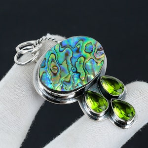 Abalone Shell, Peridot Gemstone Silver Pendant, Abalone Shell 925 Sterling Silver Jewelry Pendant, Natural Abalone Shell Pendant For Gifts