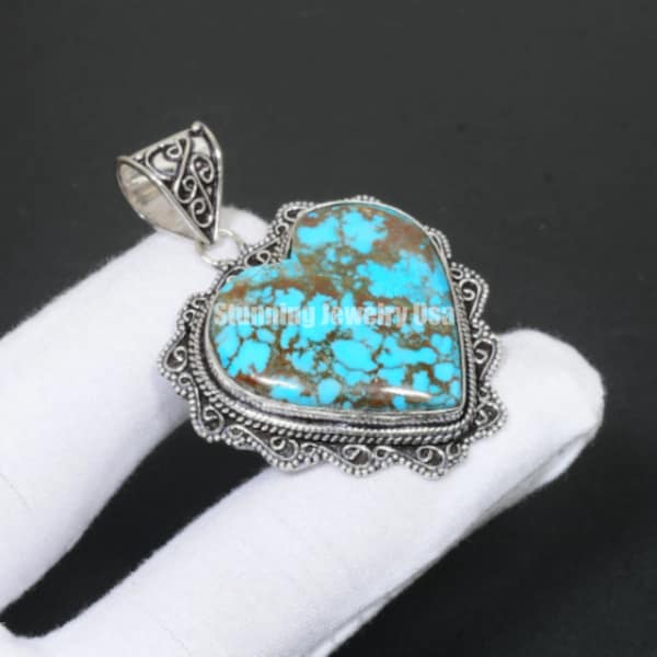 Tibetan Turquoise Heart Shape Gemstone Handmade 925 Sterling Silver Pendant Tibetan Turquoise 925 Solid Sterling Silver Pendant For Gift