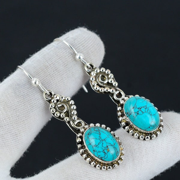 Tibetan Turquoise Earring, 925 Sterling Silver Earring, Handmade Earring, Oval Blue Turquoise Earring, Gift for Mother, Gemstone Earring