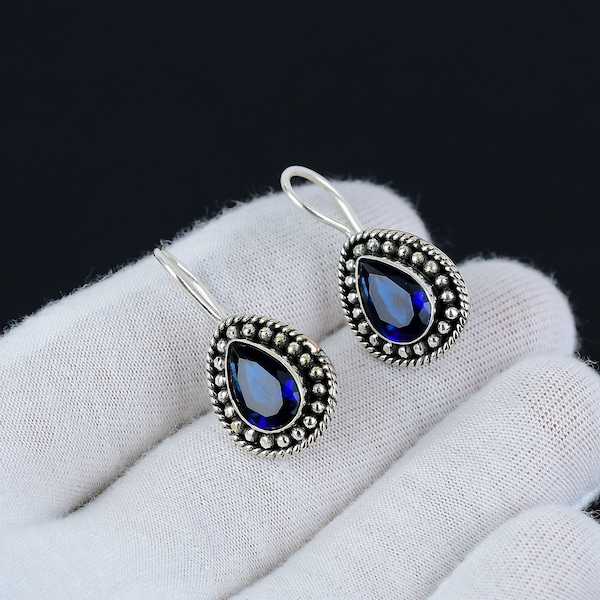 London Blue Topaz oorbel, 925 sterling zilveren oorbel mooie edelsteen cabochon stenen oorbel verjaardag oorbel cadeau voor haar voor vrouwen