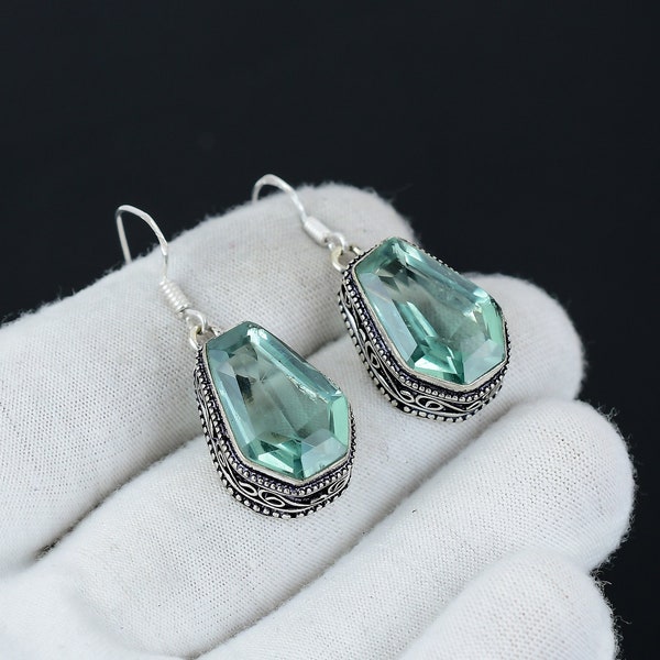 Aquamarine 925 Sterling Silver Handmade Earring, Antique Aquamarine Earring, Aquamarine Coffin Shape Earring For Mother, Jewelry For Her