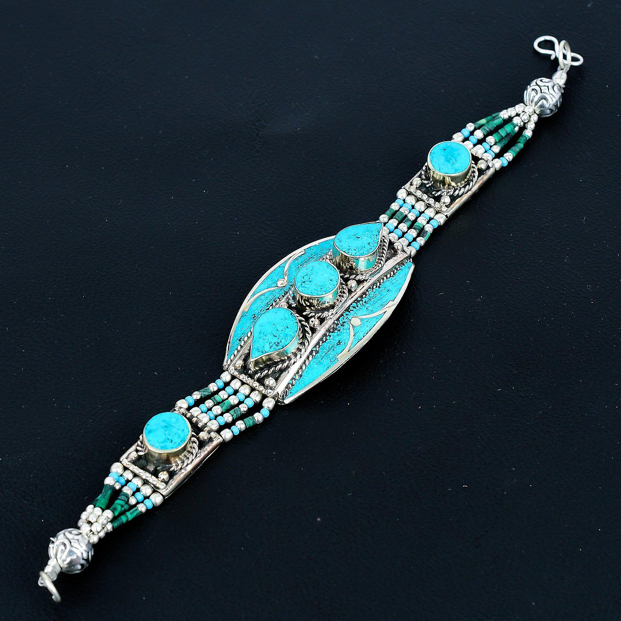 Bracelet Argent & Turquoise MR38 - Bijou Mexicain Lourd (75 G), Longueur 19,5 Cm, Style Toltèque