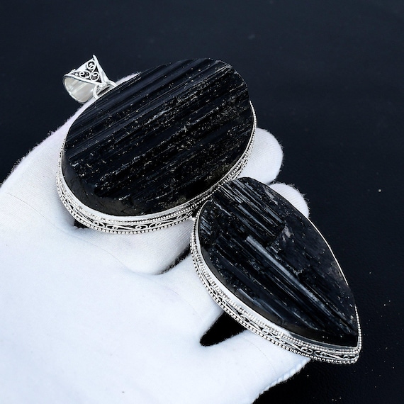 Big Black Tourmaline Pendant Necklace Giant Gemstone Handmade 925