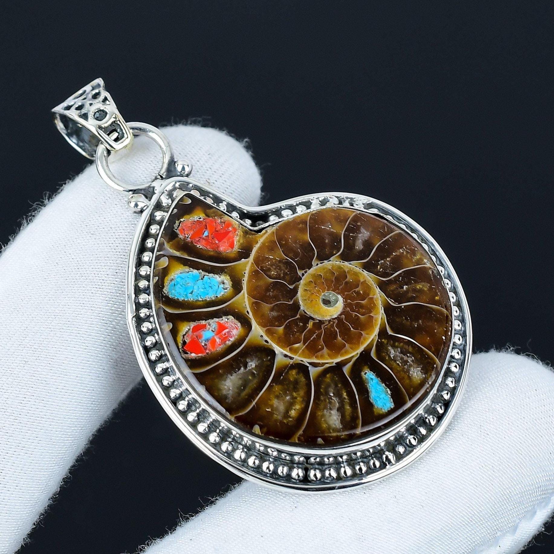 Ciondolo Artigianale In Argento 925 Con Pietra Fossile Ammonite – Gioiello Fatto A Mano Dall'India - Foto 2