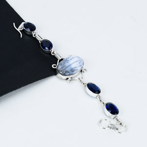 Pulsera de zafiro y ópalo dendrita, pulsera de plata de ley 925, pulsera delicada de ópalo dendrita, regalos para ella, pulseras de piedras preciosas