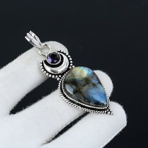 Labradorite, Amethyst Pendant, 925 Sterling Silver Jewelry, Natural Labradorite Gemstone Pendant, Handmade Boho Jewelry, Christmas Gifts