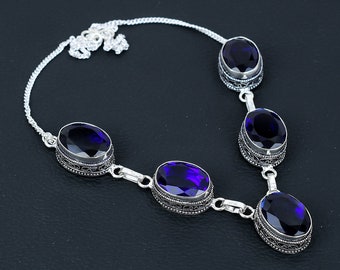 Blue Sapphire Gemstone Handmade 925 Sterling Silver Necklace, Antique Jewelry Necklace, Blue Sapphire Necklace For Women, Jewelry For Gifts