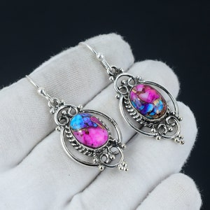 King Man Pink Dahila Turquoise Spiny Oyster Earring, Oval Stone Earring, 925 Sterling Silver Earring, Gemstone Earring, Dangle Earring