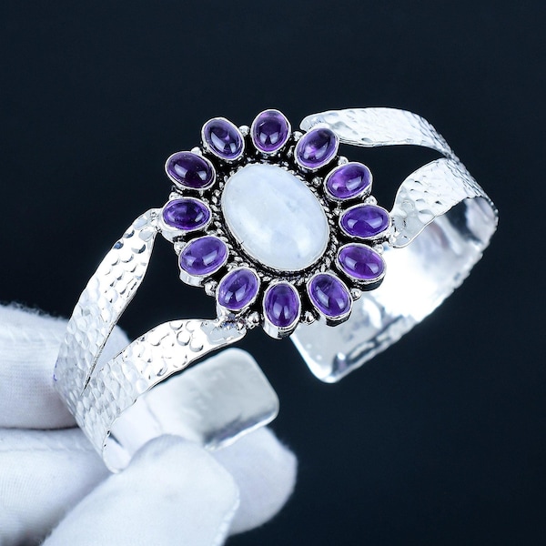 Natural Moonstone & Amethyst Gemstone Bangle, Solid 925 Sterling Silver Jewelry, Unique Band Bangle, Adjustable Cuff Bangle, Birthday Gifts