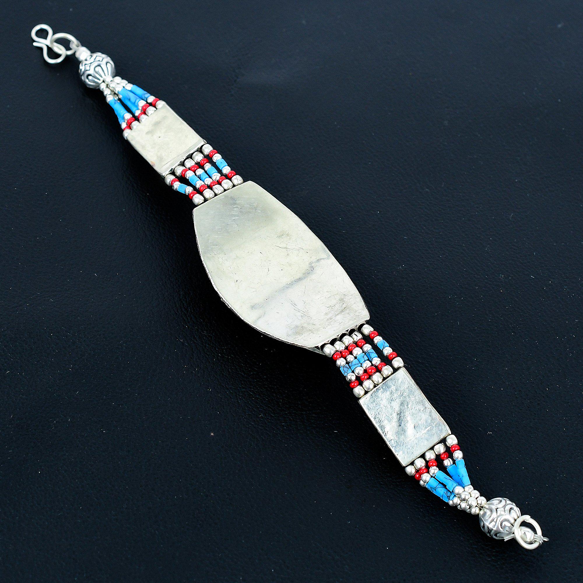 Bracelet Népalais Tibétain En Argent 925 - Turquoise Et Corail Rouge, Pierres Naturelles, Fait Main