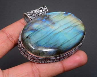 Colgante de plata de ley 925 hecho a mano con piedra preciosa de labradorita de fuego azul, regalo colgante de joyería de labradorita antigua para el regalo del día de la madre