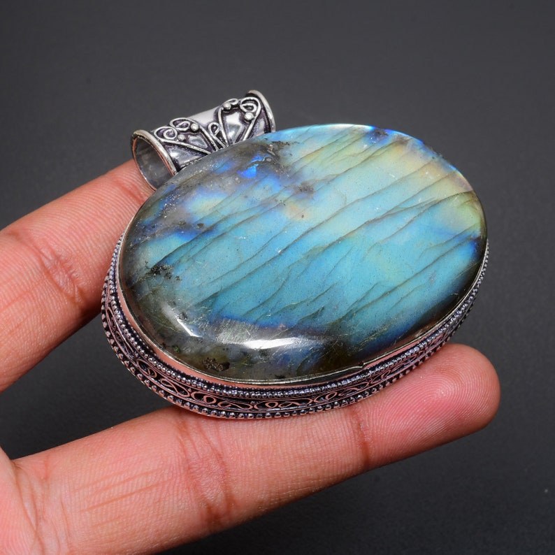 Blue Fire Labradorite Gemstone Handmade 925 Sterling Silver Pendant, Antique Labradorite Jewelry Pendant Gift For mother's Day Gift Oval Shape