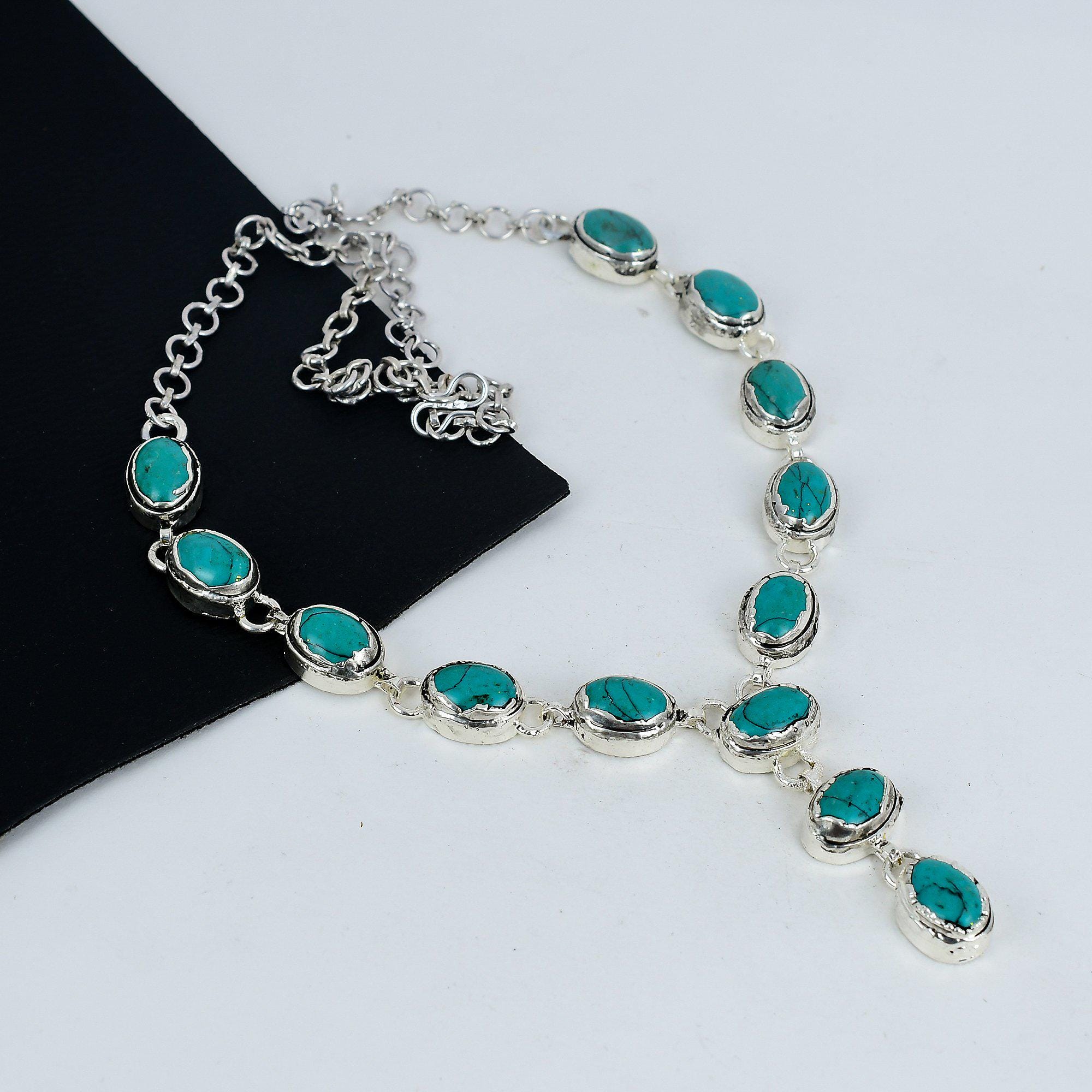 Collier En Argent Sterling 925 Avec Turquoise Bleue - Longueur 18 Pouces - Fait Main En Inde