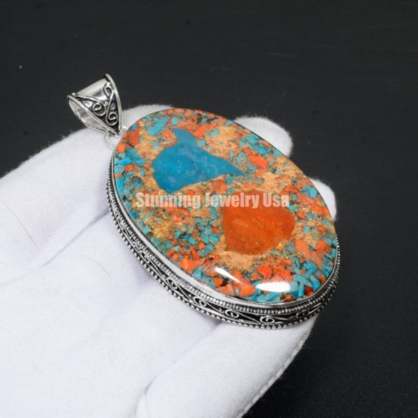 Orange Copper Spiny Oyster Gemstone Pendant 925 Sterling Silver Pendant Jewelry Designer Pendant For Women Spiny Oyster Pendant For Gift