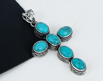 Turquoise Gemstone Handmade 925 Sterling Silver Jewelry Pendant Silver Cross Pendant Turquoise Natural Silver Gift For Women Pendant For Mom