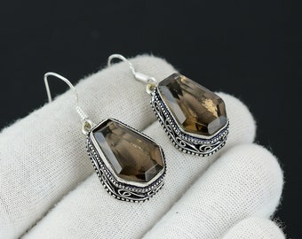 Smoky Topaz 925 Sterling Silver Earring, Handmade Earring, Antique Earring, Smoky Coffin Shape Gemstone, Gifts For Mother, Jewelry For Her