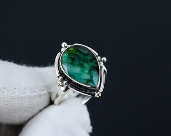 Emerald Teardrop Rings, 925 Sterling Silver Solid Rings, Boho Silver Jewelry Rings, Emerald Gemstone Rings, Green Bohemian Jewelry Rings
