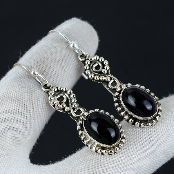 Zwarte Onyx oorbel, 925 sterling zilveren oorbel, handgemaakte oorbel, ovale zwarte onyx edelsteen oorbel, cadeau voor moeder, edelsteen oorbel