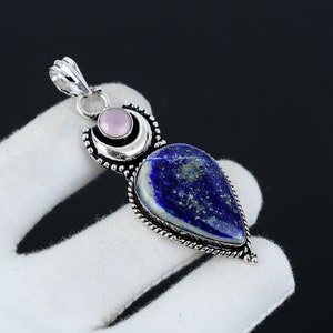 Lapis Lazuli, Rose Quartz Pendant, 925 Sterling Silver Jewelry, Natural Lapis Lazuli Gemstone Pendant, Handmade Boho Jewelry, Christmas Gift