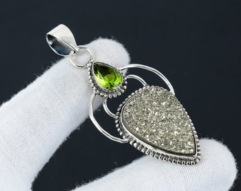 Pirita Druzy, Peridoto Piedra preciosa hecha a mano 925 Joyería de plata esterlina Colgante Premiun Calidad Piedra preciosa Colgante para mujeres Regalo de Navidad