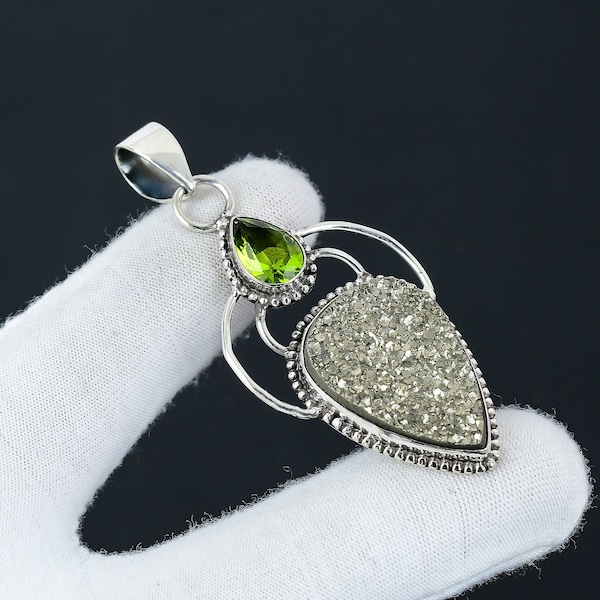 Pyrite Druzy, Peridot Gemstone Handmade 925 Sterling Silver Jewelry Pendant Premiun Quality Gemstone Pendant For Women Christmas Gift