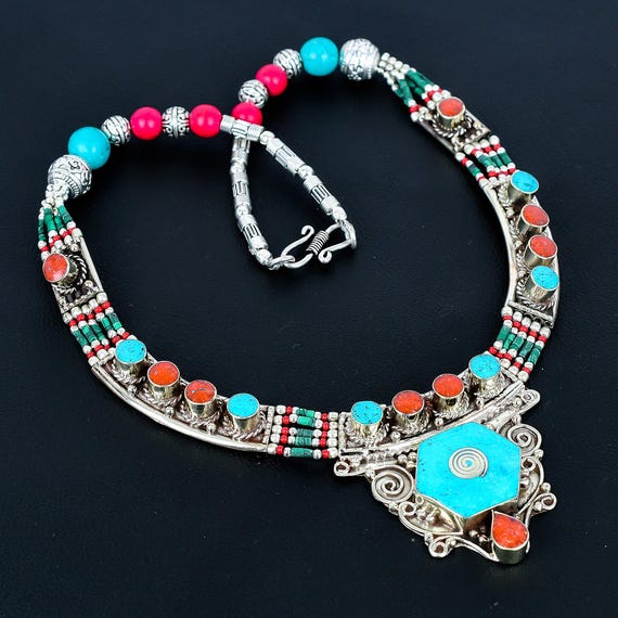 ターコイズ 925 スターリングシルバーネックレス チベットシルバー