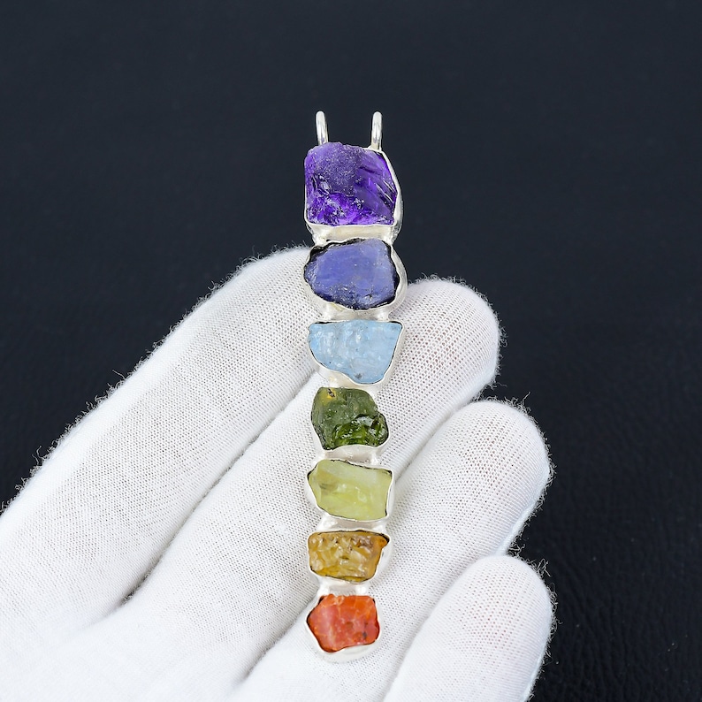 7 Chakras Stone Healing Handmade Pendant Necklace Jewelry with Real Raw Gemstones, Solid 925 Sterling Silver Chain for Women Christmas Gifts image 2