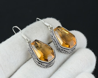 Honey Topaz 925 Sterling Silver Handmade Earring, Antique Earring, Honey Topaz Coffin Shape Gemstone, Gifts For Mother, Jewelry For Her