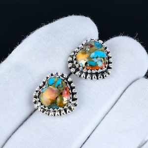 Love Studs Heart Orange Spiny Oyster Earrings | 925 Sterling Silver Stud Earrings | Handmade Gemstone Earrings | Boho Jewelry Gifts for Her