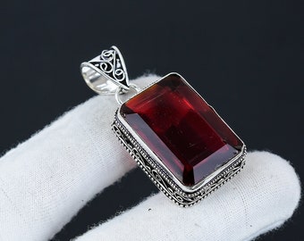 Colgante antiguo de plata de ley 925 hecho a mano con piedra preciosa de granate rojo, joyería hecha a mano, colgante de plata boho, regalos de Acción de Gracias, regalos de Navidad