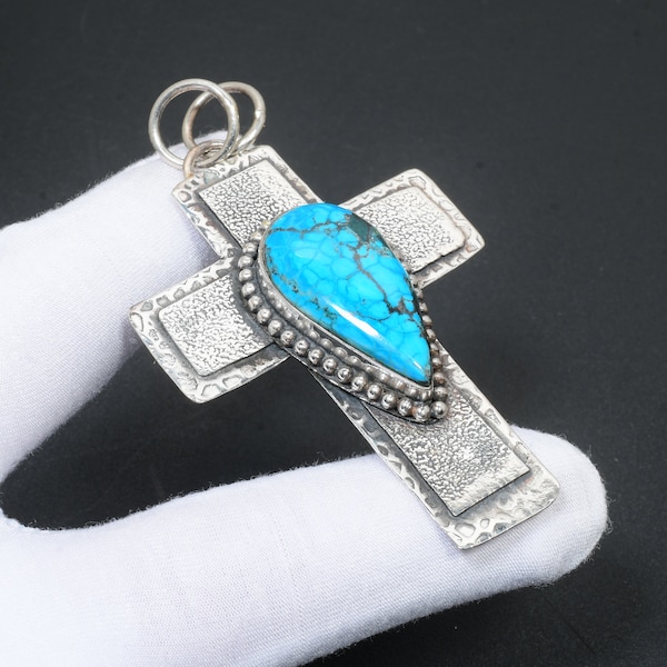 Pendentif en argent sterling 925 avec croix turquoise tibétaine naturelle Pendentif en argent massif avec pierre précieuse turquoise pour maman Collier croix turquoise