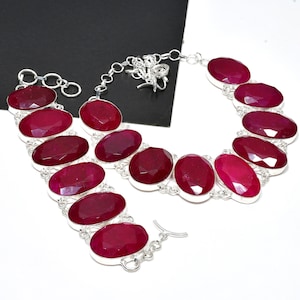 Kashmir Ruby Jewelry Set, Handmade 925 Sterling Silver Jewelry Set, Kashmir Ruby Necklace Bracelet Set Wedding Jewelry For Women