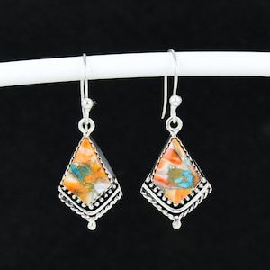 Orange Spiny Oyster Earring, Orange Spiny Oyster Kite Stone Earring, 925 Sterling Silver Earring, Spiny Gemstone Earring, Dangle Earring
