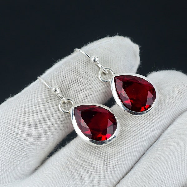 Red Garnet Earring, 925 Sterling Silver Earring Beautiful Gemstone Cabochon Red Garnet Stone Earring Birthday Earring Gift For Her For Women