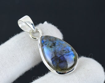 Colgante de plata de ley 925 hecho a mano con piedra preciosa natural de labradorita azul, colgante de piedra preciosa de labradorita de pera, regalos de Año Nuevo, regalos para mujeres