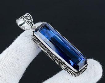 Long Tanzanite Gemstone Silver Antique Pendant, 925 Sterling Silver Pendant, Silver Long Tanzanite Jewelry, Pendant For Her, For Gifts