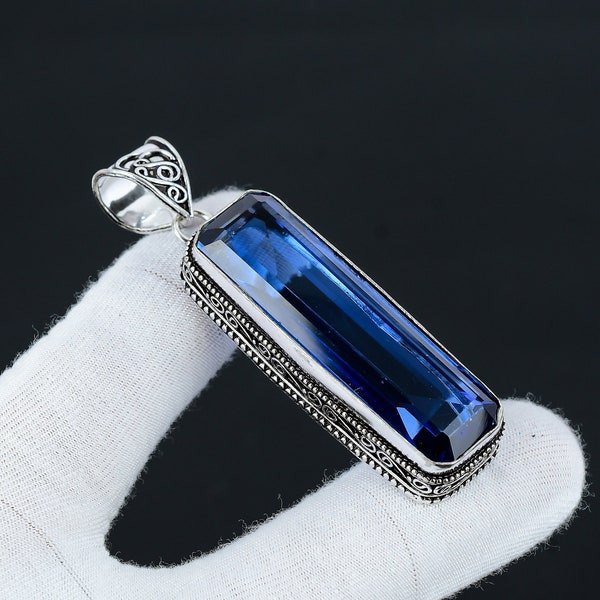 Long Tanzanite Gemstone Silver Antique Pendant, 925 Sterling Silver Pendant, Silver Long Tanzanite Jewelry, Pendant For Her, For Gifts