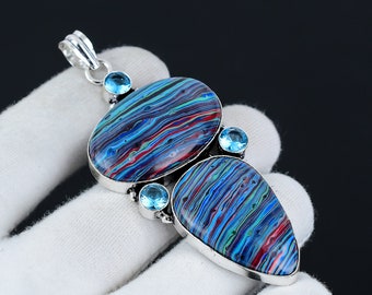 Rainbow Calsilica, Blue Topaz Pendant, 925 Sterling Silver Jewelry, Five Gemstone Pendant, Birthday Gifts, Halloween Jewelry, Gifts For Her