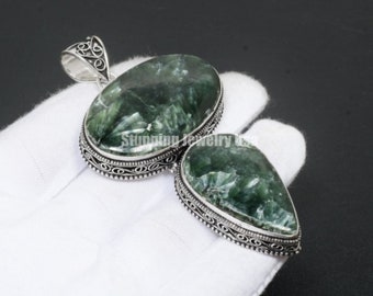 Seraphinite Pendant With Silver Chain Necklace 925 Sterling Silver Pendant Necklace Big Seraphinite Pendant Handmade Gemstone Jewelry Gift