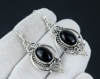 Natural Black  Onyx Earring, Black  Onyx Silver Earring, Oval Stone Earring, 925 Sterling Silver Earring, Gemstone Earring, Dangle Earring